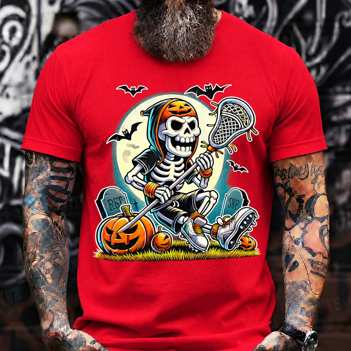 Halloween Skeleton Lacrosse Tee – Spooky Pumpkin Skull