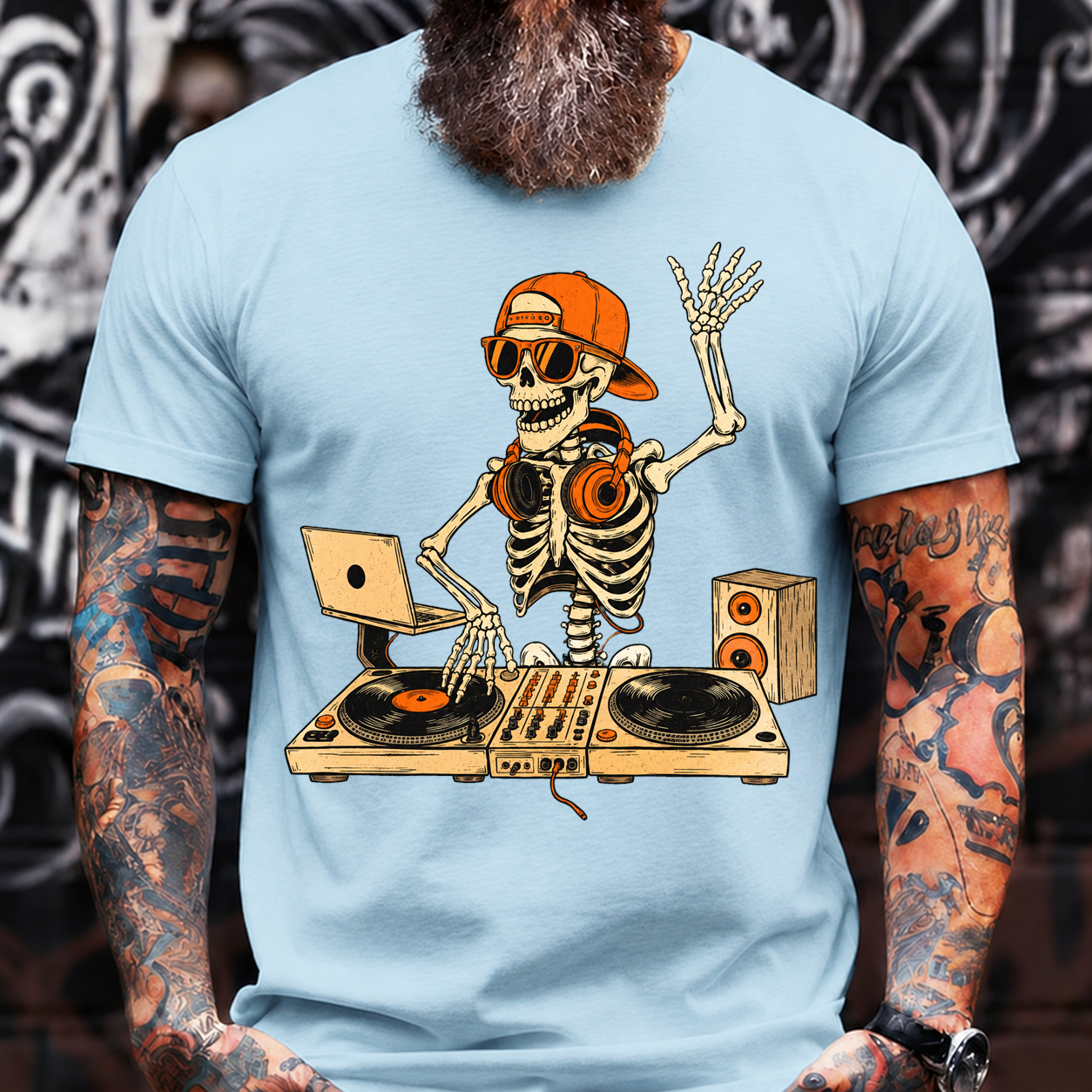 Halloween Skeleton DJ T-Shirt – Hip Hop Skull with Turntables