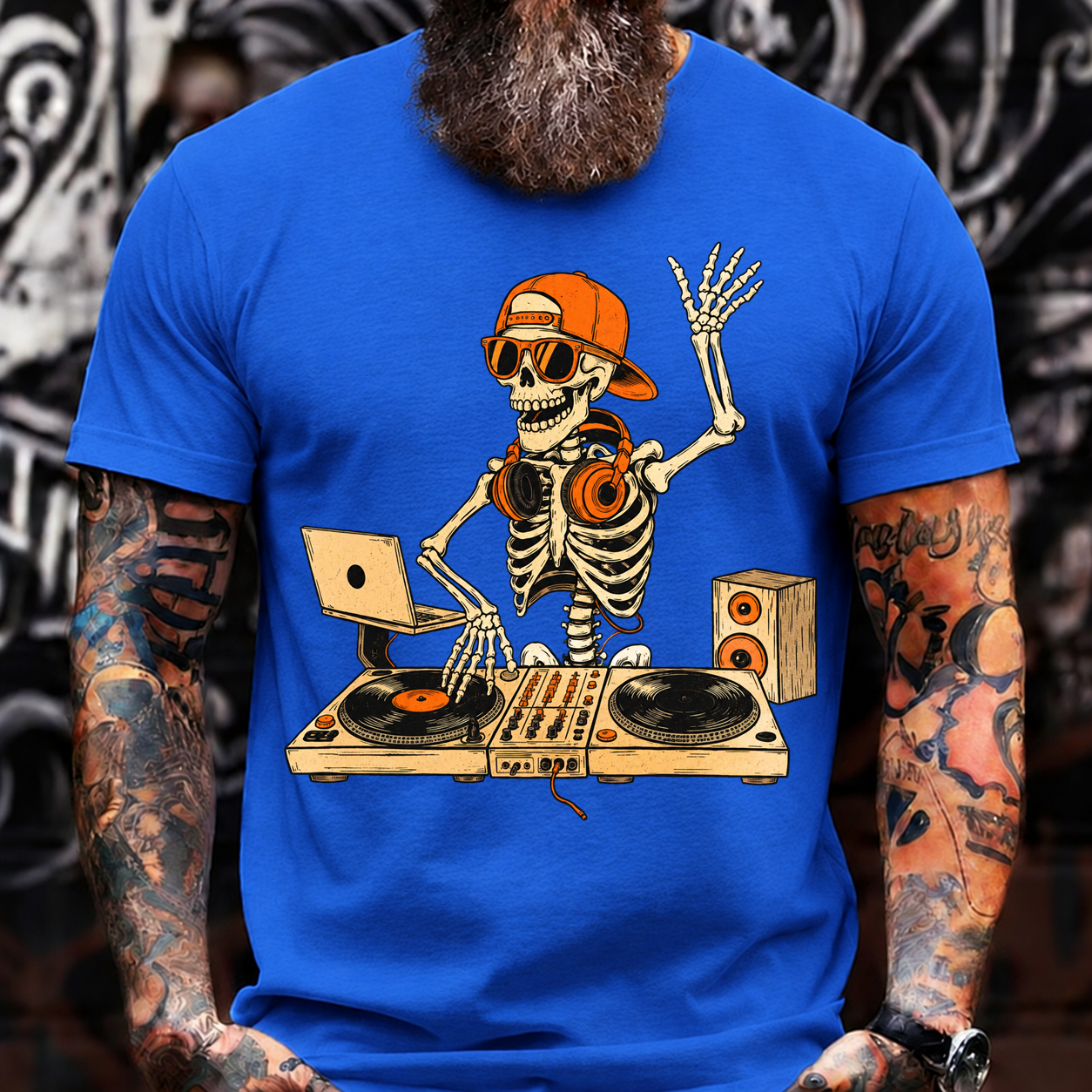 Halloween Skeleton DJ T-Shirt – Hip Hop Skull with Turntables