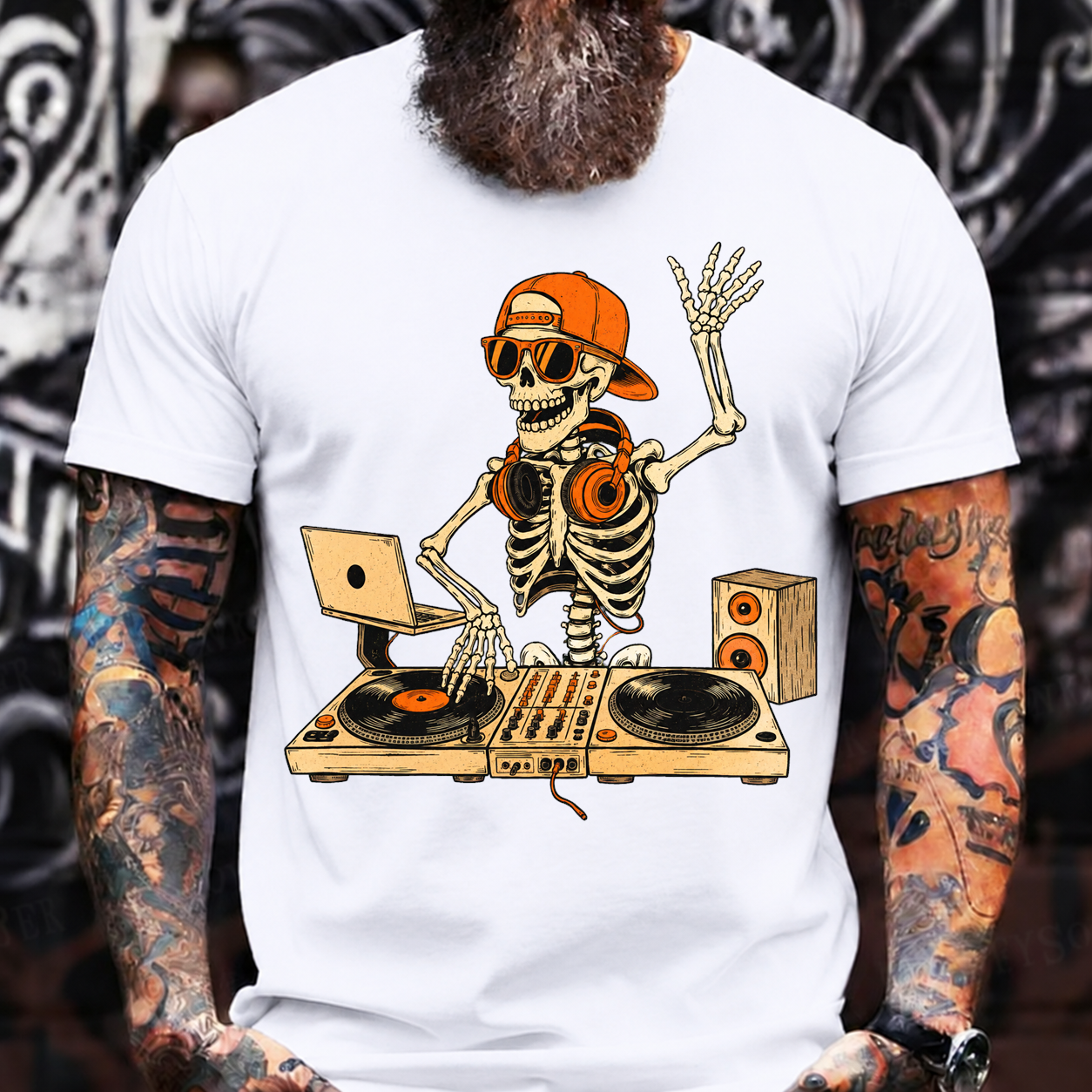 Halloween Skeleton DJ T-Shirt – Hip Hop Skull with Turntables