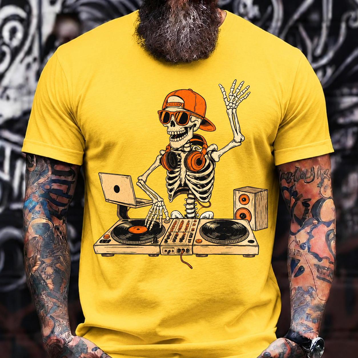 Halloween Skeleton DJ T-Shirt – Hip Hop Skull with Turntables