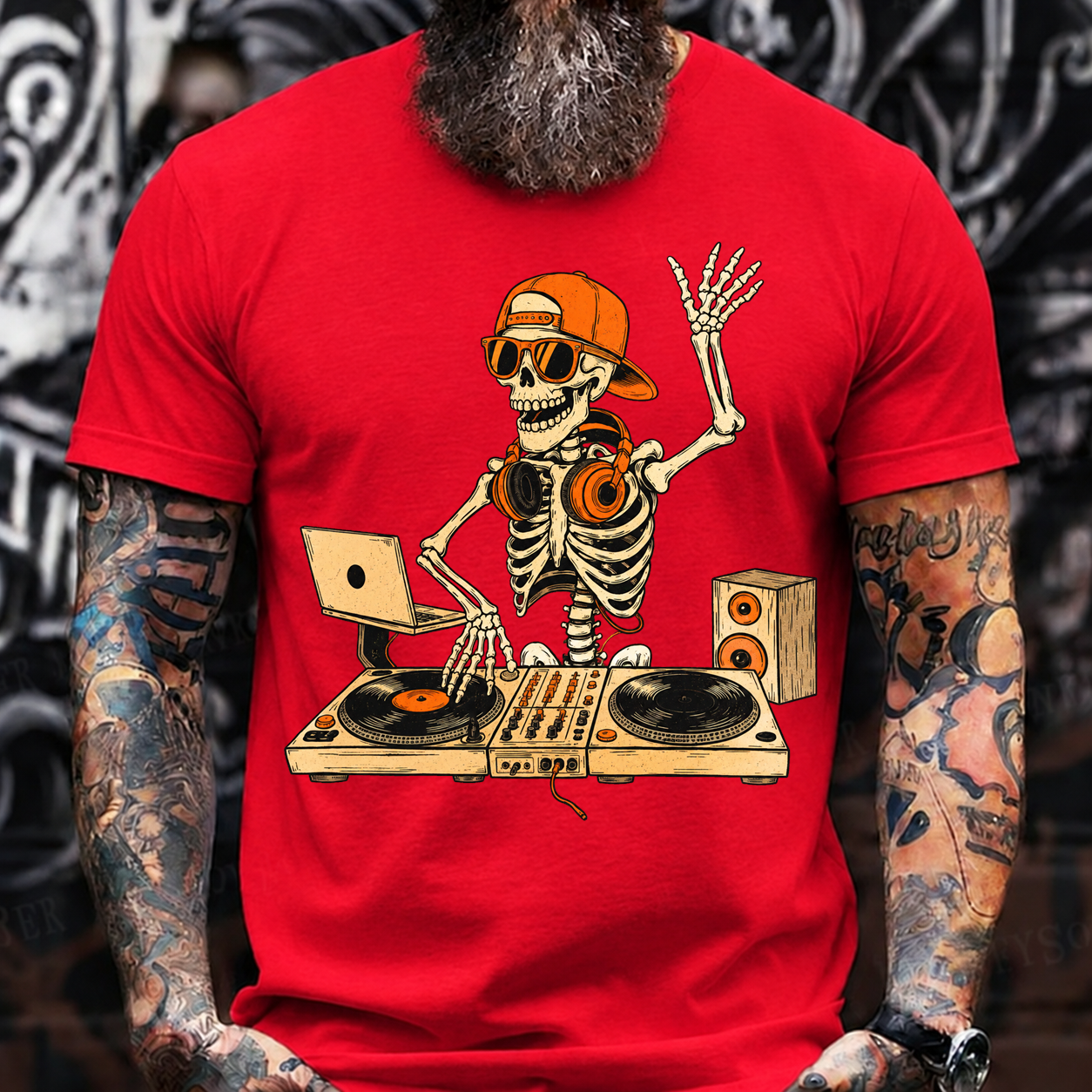 Halloween Skeleton DJ T-Shirt – Hip Hop Skull with Turntables