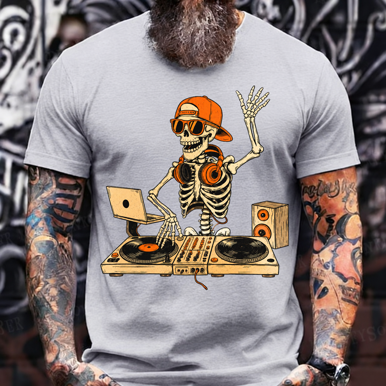 Halloween Skeleton DJ T-Shirt – Hip Hop Skull with Turntables
