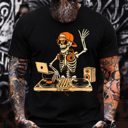 Halloween Skeleton DJ T-Shirt – Hip Hop Skull with Turntables