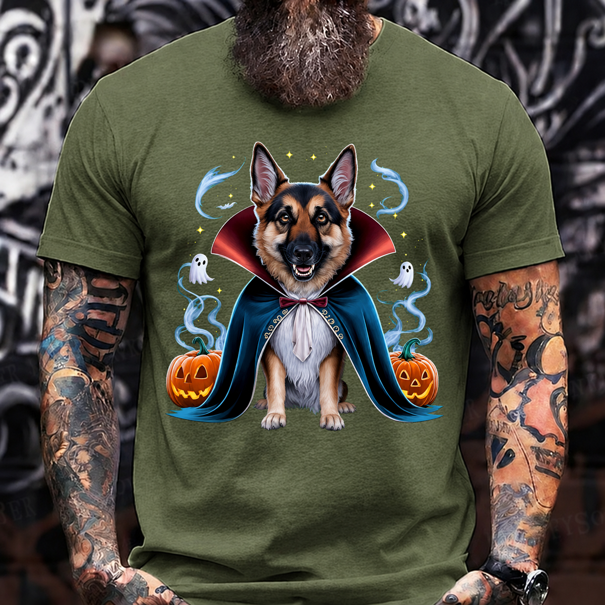 Halloween Vampire German Shepherd T-Shirt – Spooky Dog with Pumpkins and Ghosts