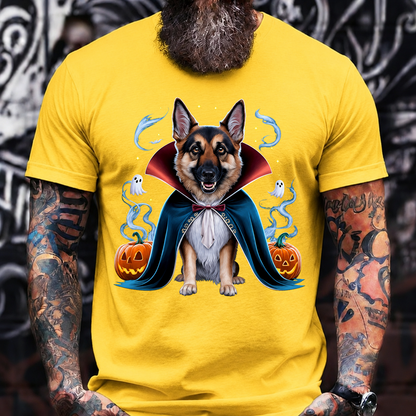 Halloween Vampire German Shepherd T-Shirt – Spooky Dog with Pumpkins and Ghosts