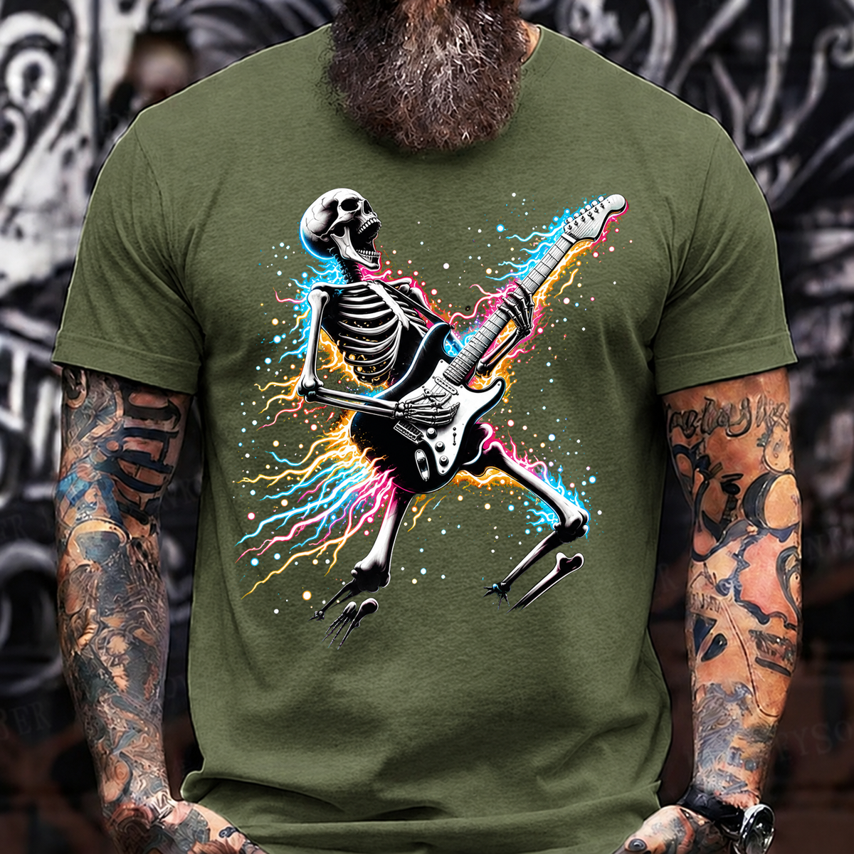 Halloween Skeleton Guitar T-Shirt – Rock Music Skull with Electric Guitar