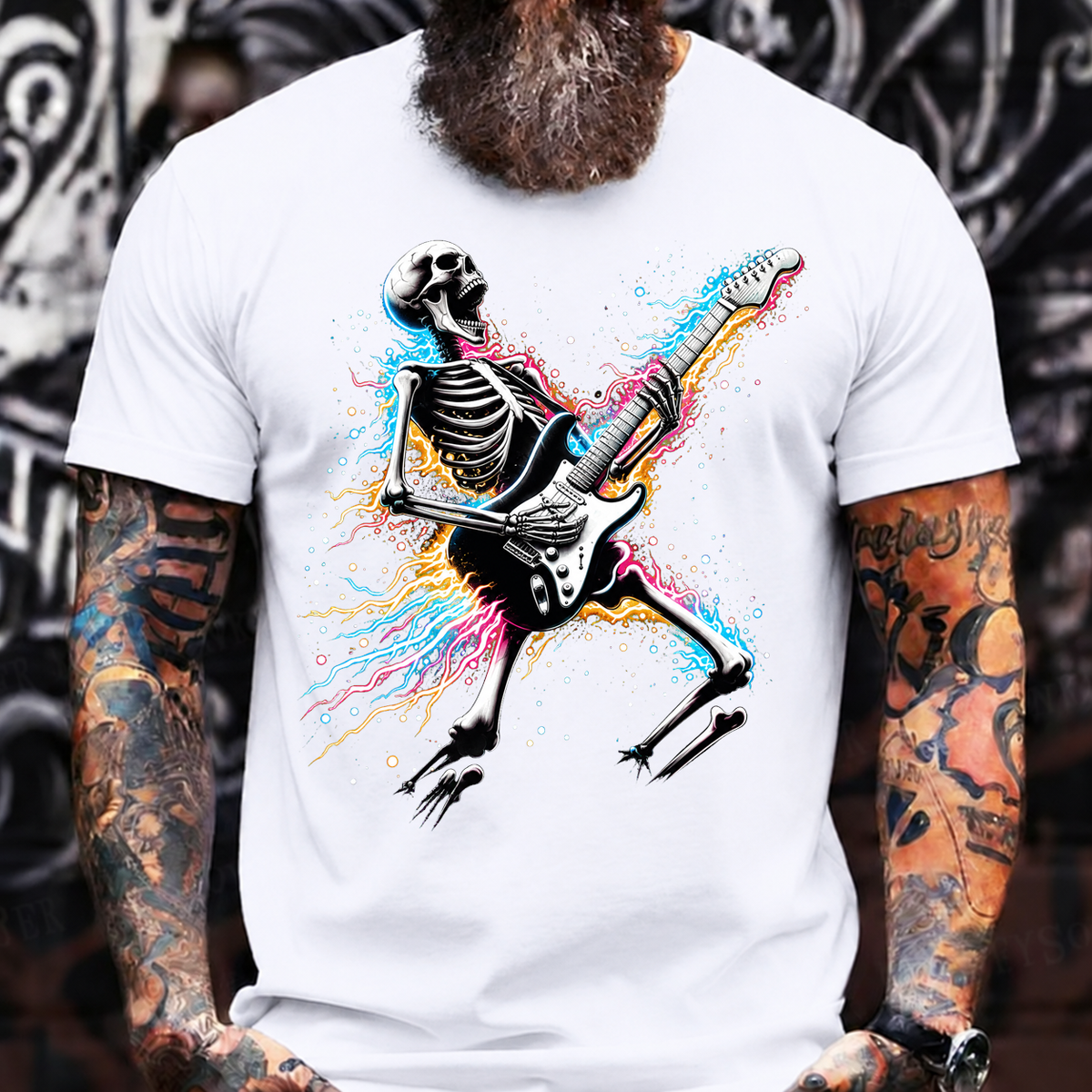 Halloween Skeleton Guitar T-Shirt – Rock Music Skull with Electric Guitar