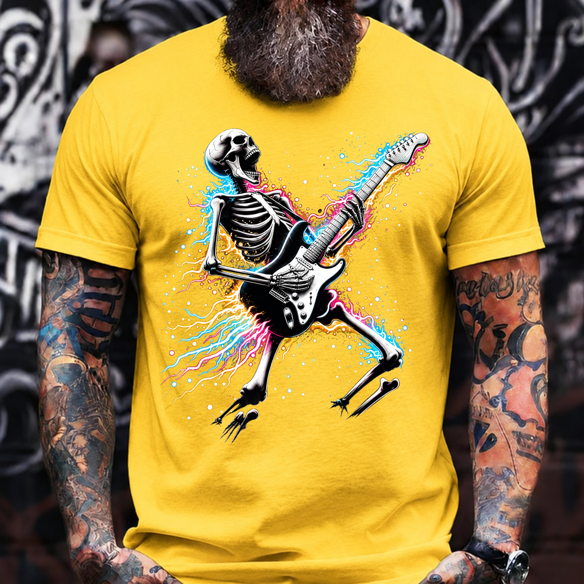 Halloween Skeleton Guitar T-Shirt – Rock Music Skull with Electric Guitar
