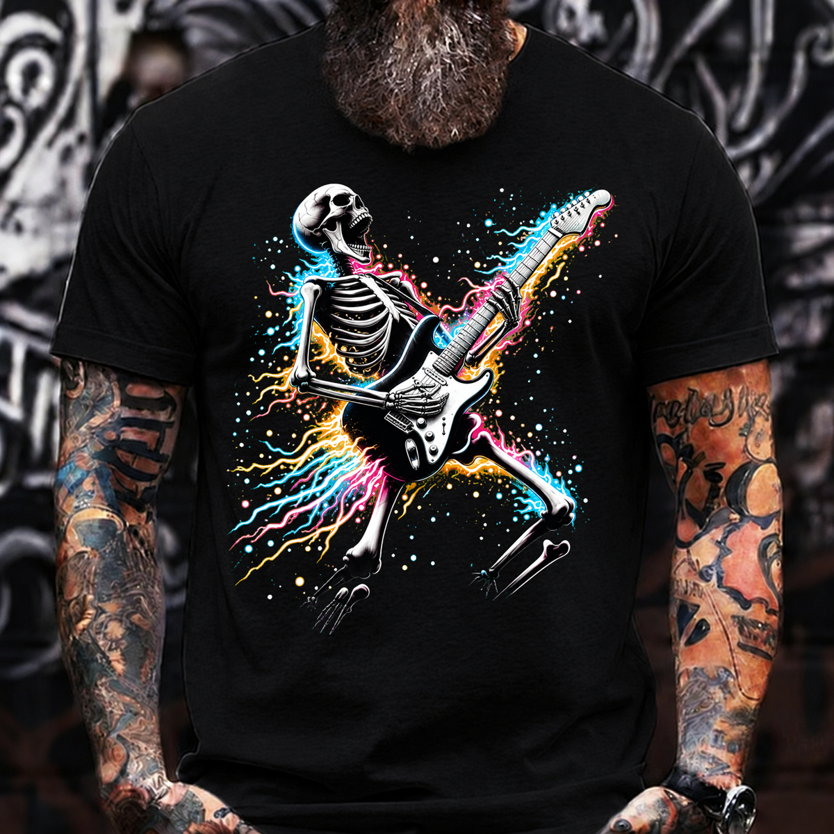 Halloween Skeleton Guitar T-Shirt – Rock Music Skull with Electric Guitar